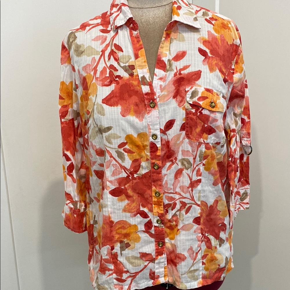 Karen Scott Floral Botanical Watercolor, Roll Tab Button Down Shirt |Size XL